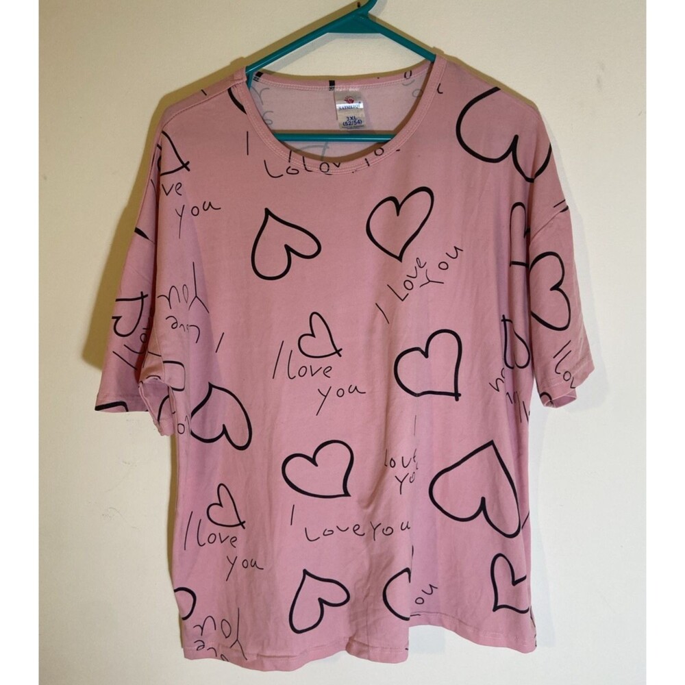 I love You Top  Womens Plus 3X Pink Hearts Stretch T-shirt Casual Comfy